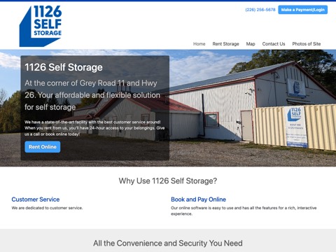 Screenshot of the 1126 Self Storage homepage, www.1126selfstorage.ca, captured 2026-08-19, shown as the evidence for this review