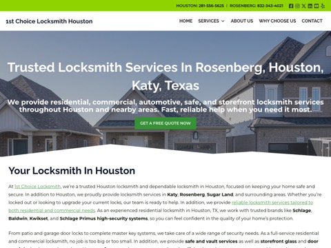 Screenshot of the 1st Choice Locksmith Houston homepage, 1stchoicelocksmithhouston.com, captured 2026-08-13, shown as the evidence for this review