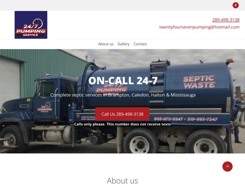 Screenshot of the 24-7 Pumping Service homepage, www.24-7septicpumpingservice.ca, captured 2026-08-13, shown as the evidence for this review