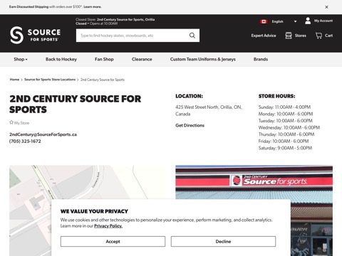 Screenshot of the 2nd Century Source For Sports homepage, www.sourceforsports.ca/pages/2nd-century-source-for-sports-orillia, captured 2026-08-19, shown as the evidence for this review