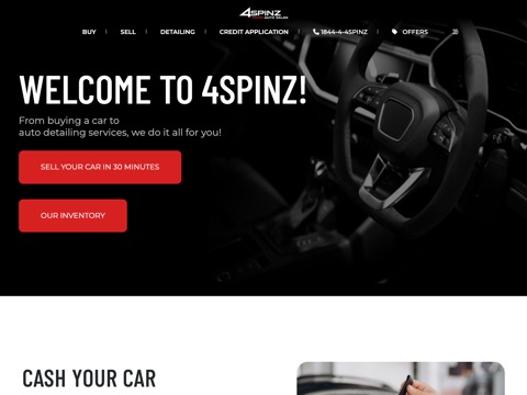 Screenshot of the 4Spinz Auto Sales homepage, www.4spinz.com, captured 2026-08-19, shown as the evidence for this review