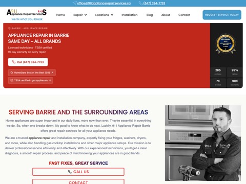 Screenshot of the 911 Appliance Repair Barrie homepage, www.911appliancerepairservices.ca/appliance-repair-service-in-barrie, captured 2026-08-19, shown as the evidence for this review