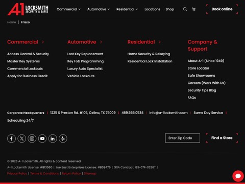 Screenshot of the A-1 Locksmith - Frisco homepage, a-1locksmith.com/frisco-75034, captured 2026-08-13, shown as the evidence for this review