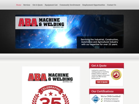 Screenshot of the A B A Machine & Welding (Barrie) Inc website