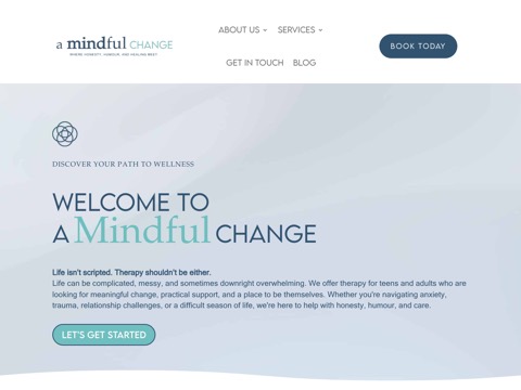 Screenshot of the A Mindful Change Therapy Barrie homepage, amindfulchange.com, captured 2026-08-19, shown as the evidence for this review