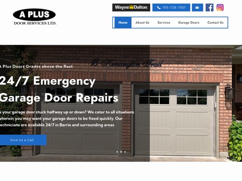 Screenshot of the A Plus Door Services homepage, www.aplusdoors.ca, captured 2026-08-19, shown as the evidence for this review