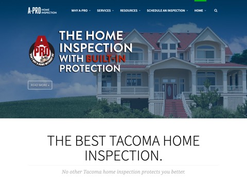 Screenshot of the A-Pro Home Inspection Tacoma WA homepage, aprotacomawa.com, captured 2026-08-13, shown as the evidence for this review