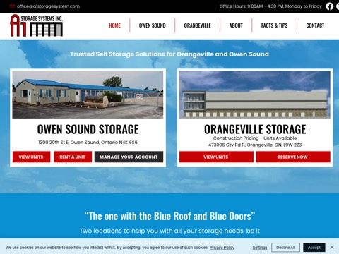 Screenshot of the A1 Storage Systems Inc. homepage, www.a1storagesystem.com, captured 2026-08-19, shown as the evidence for this review