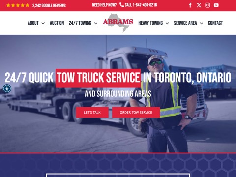 Screenshot of the Abrams Towing homepage, abrams.ca, captured 2026-08-19, shown as the evidence for this review