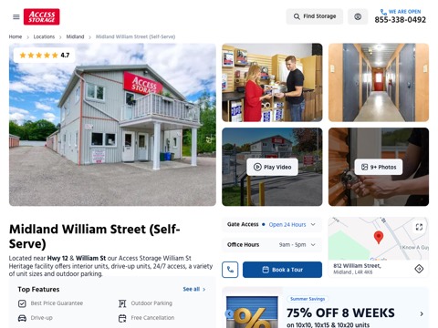 Screenshot of the Access Storage - Midland William Street (Self-Serve) homepage, www.accessstorage.ca/en/self-storage/midland/midland-william/?utm_source=Google_Maps, captured 2026-08-19, shown as the evidence for this review