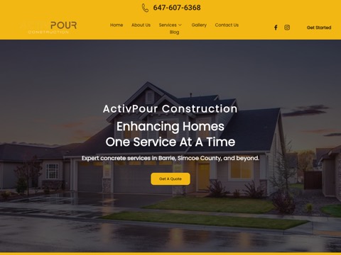 Screenshot of the ActivPour Construction Inc. homepage, activpour.ca, captured 2026-08-13, shown as the evidence for this review