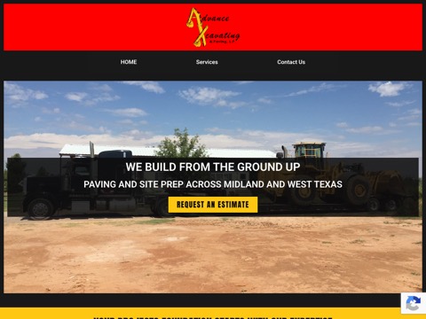 Screenshot of the Advance Excavating and Paving homepage, www.advanceexcavatingtx.com, captured 2026-08-13, shown as the evidence for this review