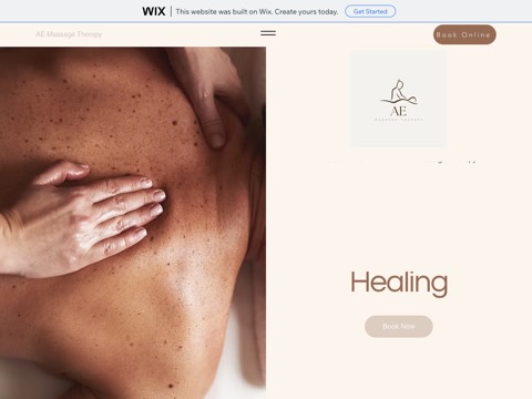 Screenshot of the AE Massage Therapy homepage, alexenormt.wixsite.com/ae-massage-therapy, captured 2026-08-19, shown as the evidence for this review