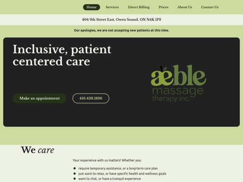 Screenshot of the Aeble Massage Therapy website