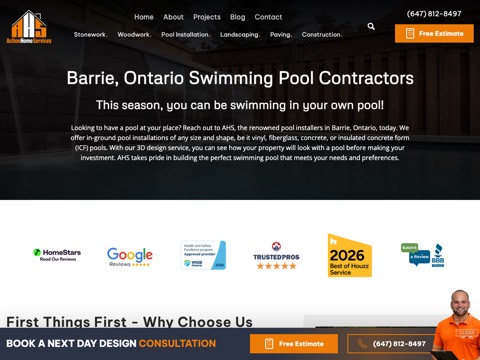 Screenshot of the AHS Pools & Landscaping Barrie homepage, actionhomeservices.ca/barrie-ontario-swimming-pool, captured 2026-08-19, shown as the evidence for this review