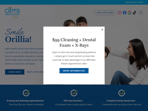 Screenshot of the AIMS Dentistry on Laclie homepage, www.dentistryonlaclie.com, captured 2026-08-19, shown as the evidence for this review