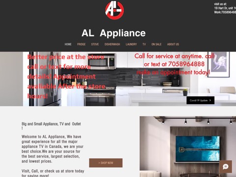 Screenshot of the AL Appliance homepage, www.alappliancetv.com, captured 2026-08-19, shown as the evidence for this review