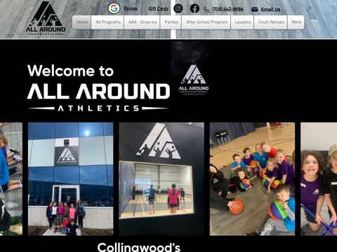 Screenshot of the All Around Athletics Centre homepage, www.allaroundathletics.ca, captured 2026-08-19, shown as the evidence for this review