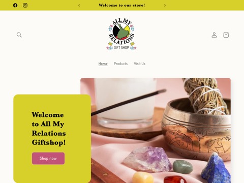 Screenshot of the All My Relations Gift Shop homepage, allmyrelationsgiftshop.com, captured 2026-08-19, shown as the evidence for this review