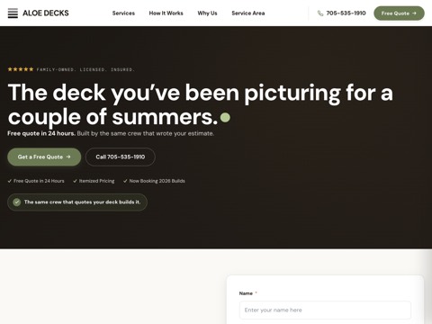 Screenshot of the Aloe Decks website