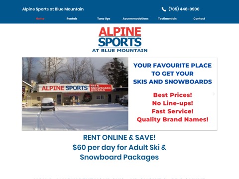 Screenshot of the Alpine Sports Blue Mountain homepage at www.alpinesportsbluemountain.com, captured 2026-08-19, shown as the evidence for the review on this page