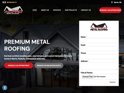 Screenshot of the Alpro Metal Roofing homepage, alprometalroofing.com, captured 2026-08-13, shown as the evidence for this review