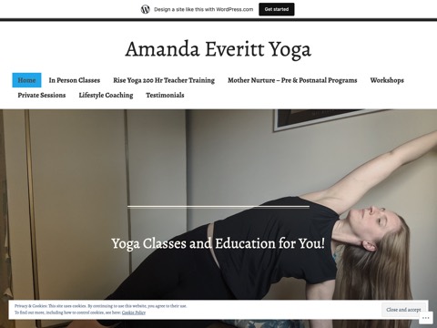 Screenshot of the Amanda Everitt Yoga homepage, amandabreatheyoga.wordpress.com, captured 2026-08-13, shown as the evidence for this review