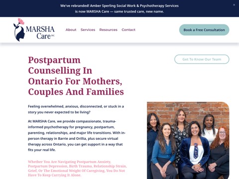 Screenshot of the Amber Sperling Social Work and Psychotherapy Services homepage, www.marshacare.ca, captured 2026-08-19, shown as the evidence for this review
