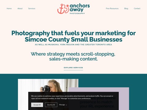 Screenshot of the Anchors Away Brand Photography homepage, www.anchorsawayphotography.ca, captured 2026-08-13, shown as the evidence for this review