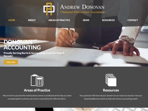 Screenshot of the Andrew Donovan Professional Corporation Chartered Professional Accountant homepage, www.donovanaccounting.ca, captured 2026-08-19, shown as the evidence for this review