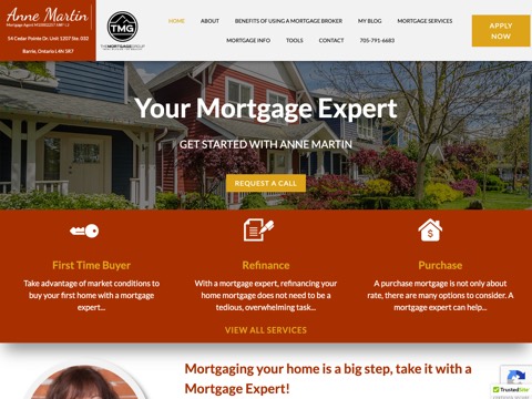 Screenshot of the Anne Martin - TMG The Mortgage Group homepage, barriemortgagelocators.com, captured 2026-08-19, shown as the evidence for this review