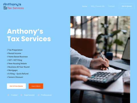 Screenshot of the Anthony's Tax Services homepage, anthonystaxservices.com, captured 2026-08-19, shown as the evidence for this review