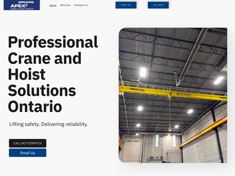 Screenshot of the Apex Crane and Hoist Services Inc. homepage at www.apexcraneandhoist.com, captured 2026-08-13, shown as the evidence for the review on this page