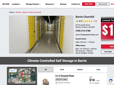 Screenshot of the Apple Self Storage homepage, www.applestorage.com/self-storage/on/barrie/churchill-drive, captured 2026-08-19, shown as the evidence for this review
