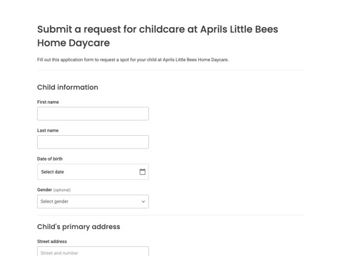 Screenshot of the April's Little Bees Home Daycare homepage at app.lillio.com/online_registration/apply/aprils-little-bees-home-daycare, captured 2026-08-12, shown as the evidence for the review on this page