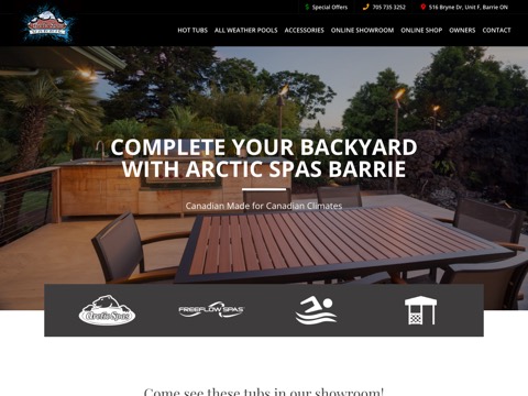 Screenshot of the Arctic Spas Hot Tubs Barrie homepage, arcticbarrie.com, captured 2026-08-19, shown as the evidence for this review