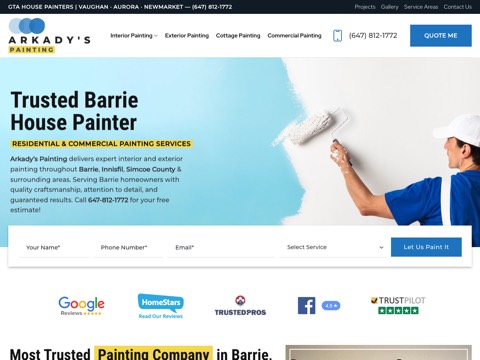 Screenshot of the Arkady's Painting homepage, arkadyspainting.com/barrie-house-painter, captured 2026-08-19, shown as the evidence for this review