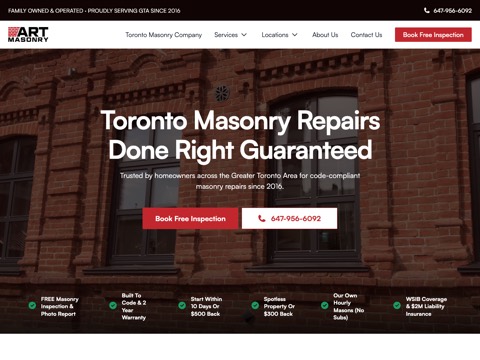 Screenshot of the ART Masonry & Chimney homepage, artmasonry.ca/?utm_campaign=gmb, captured 2026-08-13, shown as the evidence for this review