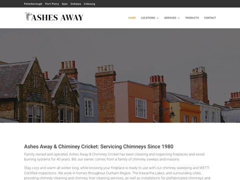 Screenshot of the Ashes Away & Chiminey Cricket Chimney Sweeps - Port Perry homepage, ashesaway.ca, captured 2026-08-13, shown as the evidence for this review