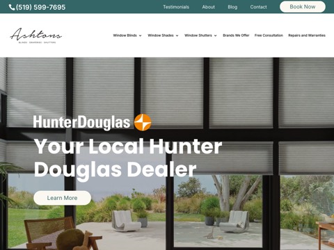 Screenshot of the Ashtons Blinds homepage, ashtonsblinds.com, captured 2026-08-19, shown as the evidence for this review