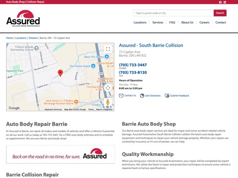 Screenshot of the Assured Automotive homepage, www.assuredauto.ca/locations/south-barrie-collision-on, captured 2026-08-19, shown as the evidence for this review