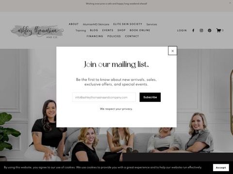 Screenshot of the AURA Wellness by Ashley Thomasina and Co. homepage, www.ashleythomasinaandcompany.com, captured 2026-08-19, shown as the evidence for this review