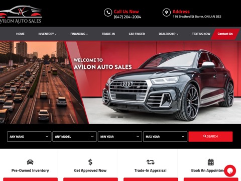 Screenshot of the Avilon Auto Sales homepage, www.avilonautosales.ca, captured 2026-08-19, shown as the evidence for this review
