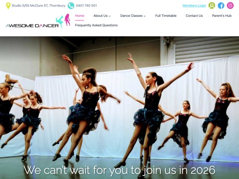 Screenshot of the Awesome Dancer homepage, awesomedancer.com.au, captured 2026-08-13, shown as the evidence for this review