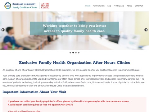 Screenshot of the Barrie and Community Family Medicine Clinics - FHO patients only. See website for registration details homepage at barriefho.ca, captured 2026-08-19, shown as the evidence for the review on this page