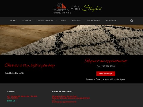 Screenshot of the Barrie Carpet & Hardwood homepage, barriecarpetandhardwood.com, captured 2026-08-19, shown as the evidence for this review