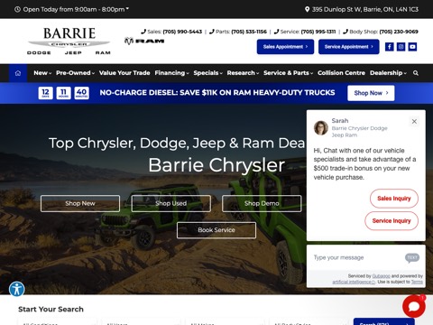 Screenshot of the Barrie Chrysler Dodge Jeep Ram homepage, www.barriechryslerdodgejeepram.com/?utm_source=googlemybusiness&utm_medium=organic&utm_campaign=website-link, captured 2026-08-19, shown as the evidence for this review