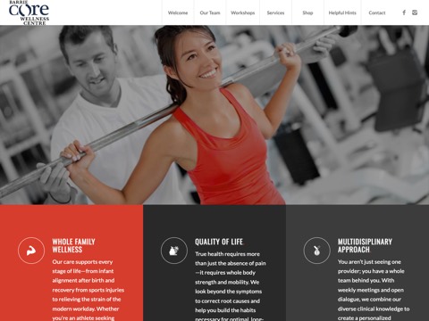 Screenshot of the Barrie Core Wellness Centre homepage, barriecorewellness.ca, captured 2026-08-19, shown as the evidence for this review