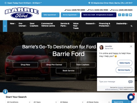 Screenshot of the Barrie Ford homepage, www.barrieford.com/?utm_source=googlemybusiness&utm_medium=organic&utm_campaign=websitelink, captured 2026-08-19, shown as the evidence for this review