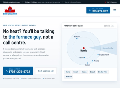 Screenshot of the Barrie Furnace Repair homepage, www.barriefurnacerepair.com, captured 2026-08-19, shown as the evidence for this review